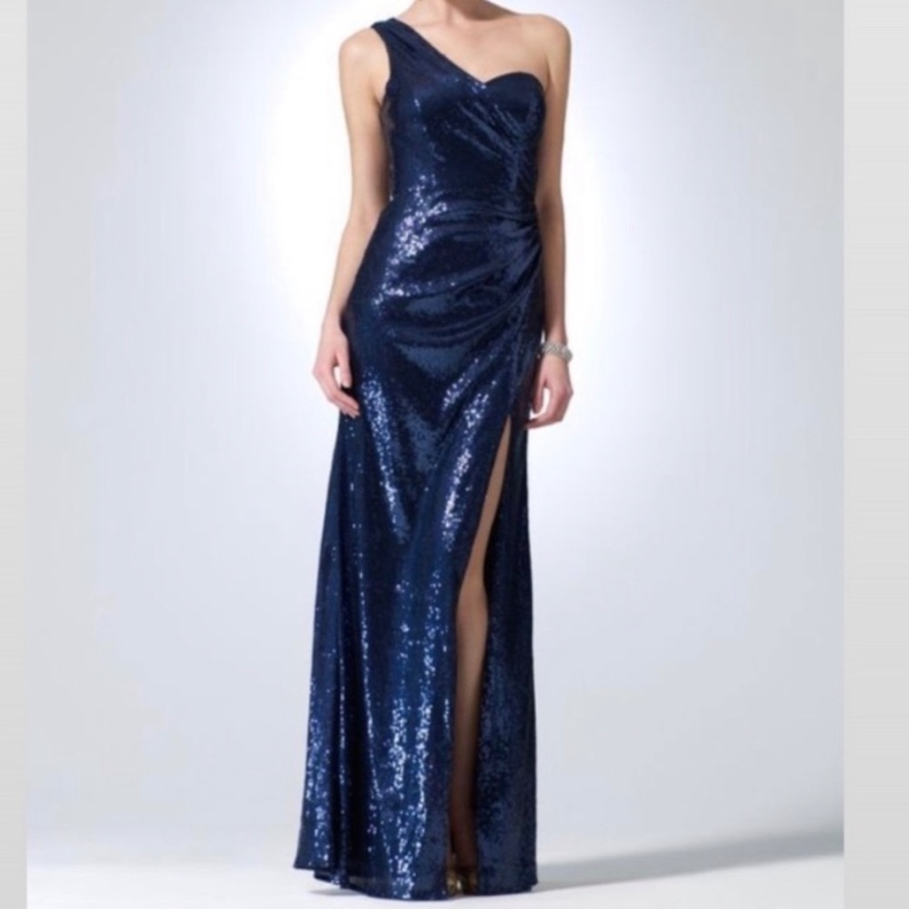 Cache Navy Blue One Shoulder Sequin Dress
